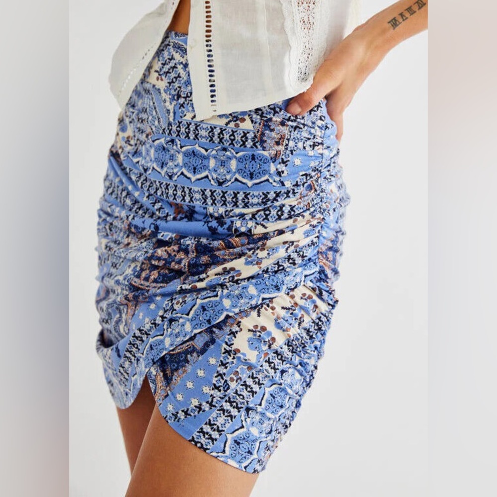 Free People Blue Ruched Print Wrap Style Mini Skirt